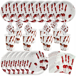 Veľká sada tanierov, šálok, obrúskov, slamiek, Halloween Bloody Hand, 40 ks